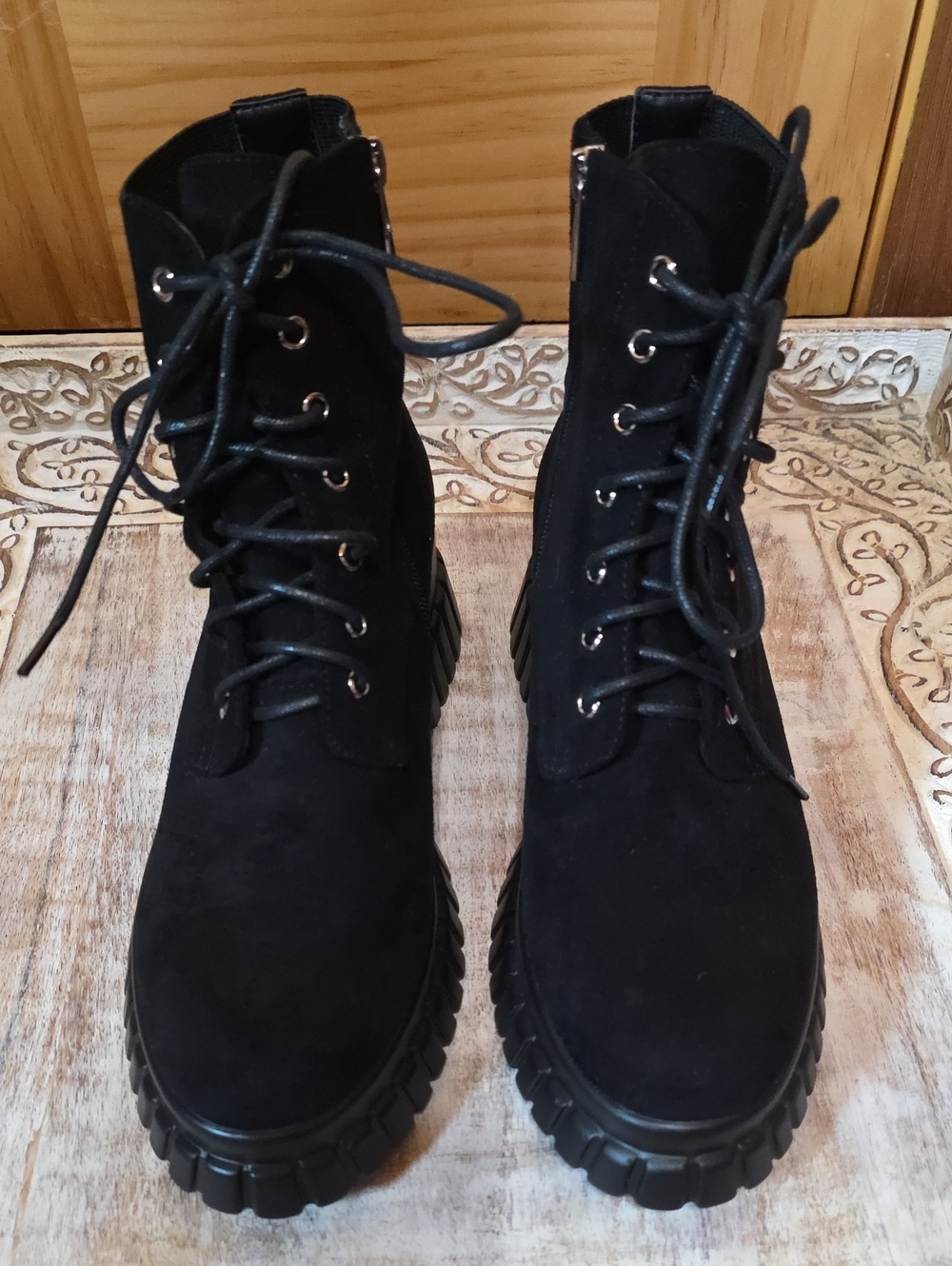 Bella Marie Black Suede Combat Boots Size 9 Gently Used